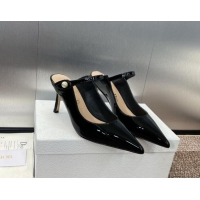 Shop Duplicate Dior Jolie Heeled Mules 7cm in Black Patent Calfskin with Pearls 702058