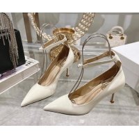 Charming Dior Tribales Pumps 8.5cm with Pearl Ankle Strap in Patent Calfskin White 702063