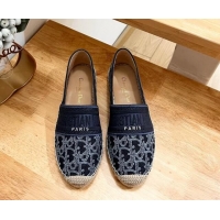 Good Quality Dior Granville Espadrilles Flat in Blue Cotton Denim Embroidered with Oblique Motif 702066