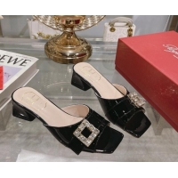 Good Quality Roger Vivier Très Vivier Strass Buckle Heel Slide Sandals 4.5cm in Patent Leather Black 0506140