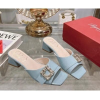 Low Price Roger Vivier Très Vivier Strass Buckle Heel Slide Sandals 4.5cm in Patent Leather Light Blue 506142