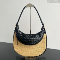 Super Quality Bottega Veneta Medium Gemelli Shoulder Bag in Leather and Raffia Straw 786347 Black 2024