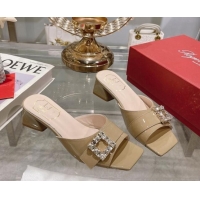 Top Grade Roger Vivier Très Vivier Strass Buckle Heel Slide Sandals 4.5cm in Patent Leather Khaki 506143