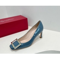 Buy Luxury Roger Vivier Trompette Metal Buckle Pumps 7cm in Patent Leather Blue 611132