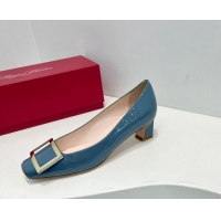 Sophisticated Roger Vivier Trompette Metal Buckle Pumps 4.5cm in Patent Leather Blue 611134