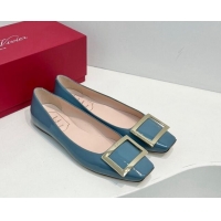 Unique Style Roger Vivier Trompette Metal Buckle Ballerinas Flat in Patent Leather Blue 611133