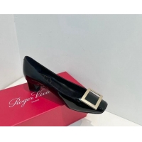 Best Grade Roger Vivier Trompette Metal Buckle Pumps 4.5cm in Patent Leather Black 611148