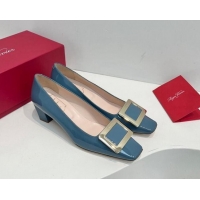 Good Looking Roger Vivier Belle Vivier Metal Buckle Pumps 4.5cm in Patent Leather Blue 611155