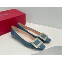 Best Price Roger Vivier Belle Vivier Metal Buckle Ballerinas Flat in Patent Leather Blue 611161