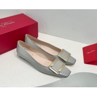 Classic Hot Roger Vivier Belle Vivier Metal Buckle Ballerinas Flat in Patent Leather Light Grey 611163