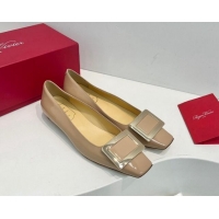 Good Quality Roger Vivier Belle Vivier Metal Buckle Ballerinas Flat in Patent Leather Beige 611168