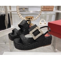 Most Popular Roger Vivier Strass Buckle Wedge Sandals in Raffia Straw Black 611173