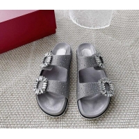 Top Design Roger Vivier Slidy Viv' Strass Buckle Slides Sandal Grey 704035