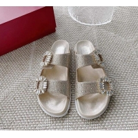 Stylish Roger Vivier Slidy Viv' Strass Buckle Slides Sandal Gold 704036