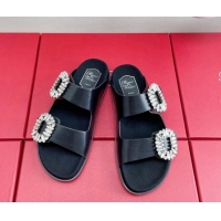 Stylish Roger Vivier Slidy Viv' Strass Buckle Slides Sandal in Black Leather 704042