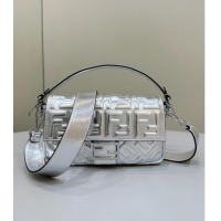 Discount Fendi Baguette Medium Nappa Leather Bag 0135M Silver 2024 Top Quality