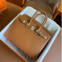 Buy Fashionable Hermes Birkin 35cm Bag in Original Epsom Leather H35 Brown/Silver 2024 (Full Handmade)