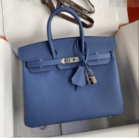 Low Cost Hermes Birkin 25cm Bag in Original Epsom Leather Agate H25 Blue/Silver 2024 (Full Handmade)