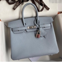 Good Taste Hermes Birkin 25cm Bag in Original Epsom Leather H25 Linen Blue/Silver 2024 (Full Handmade)