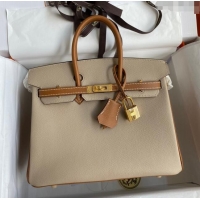 Grade Design Hermes Birkin 25cm Bag in Original Epsom Leather H25 Trench Coat Grey/Brown/Gold 2024 (Full Handmade)