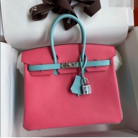 Luxurious Hermes Birkin 25cm Bag in Original Epsom Leather H25 Lipstick Pink/Blue/Silver 2024 (Full Handmade)