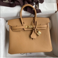 New Fashion Hermes Birkin 25cm Bag in Original Epsom Leather H25 Biscuit/Gold 2024 (Full Handmade)