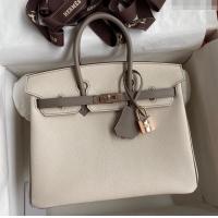 Grade Quality Hermes Birkin 25cm Bag in Original Epsom Leather H25 Milkshake White/Grey/Rosy Gold 2024 (Full Handmade)