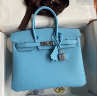 Free Shipping Hermes Birkin 25cm Bag in Original Epsom Leather H25 Candy Blue/Silver 2024 (Full Handmade)