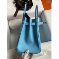 Free Shipping Hermes Birkin 25cm Bag in Original Epsom Leather H25 Candy Blue/Silver 2024 (Full Handmade)