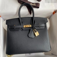 Popular Style Hermes Birkin 25cm Bag in Original Epsom Leather H25 Black/Gold 2024 (Full Handmade)