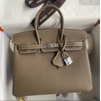 Sumptuous Hermes Birkin 25cm Bag in Original Epsom Leather H25 Etoupe/Silver 2024 (Full Handmade)