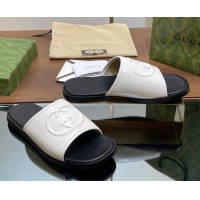 Modern Gucci Men's Leather Interlocking G Flat Slides Sandal White 702122