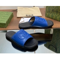 Duplicate Gucci Men's Leather Interlocking G Flat Slides Sandal Blue 702124