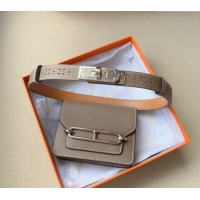 Promotional Hermes Roulis Slim Hop Pouch Belt in Grained Calfskin with Perforated Pattern 6008 Grey 2024