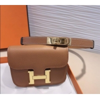 Buy Fashionable Hermes Kelly Buckle Pouch Belt in Grained Calfskin with Gold Hardware 0706 Brown 2024