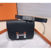 Popular Style Hermes Kelly Buckle Slim Pouch Belt in Grained Calfskin with Silver Hardware 0706 Black 2024