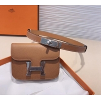 Good Looking Hermes Kelly Buckle Slim Pouch Belt in Grained Calfskin with Silver Hardware 0706 Brown 2024