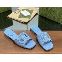 Low Cost Gucci GG Canvas Flat Slides Sandal in GG Canvas Light Blue 702137