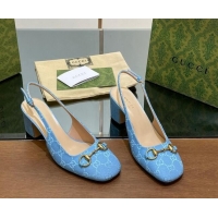 Top Grade Gucci Horsebit Slingback Pumps 6.5cm in GG Canvas Blue 702139