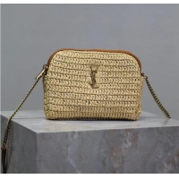 Top Design Saint Laurent Gaby Leather-trimmed Raffia Shoulder Bag Y4551 Beige