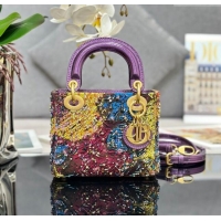 Buy Fashionable Dior Lady Dior Mini Bag in Leather with Beads Limited Edition M0505 Purple 2024