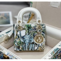 Top Quality Dior Mini Lady Dior Bag in Lambskin with Elephant Embroidery Limited Edition M0505 White/Green 2024