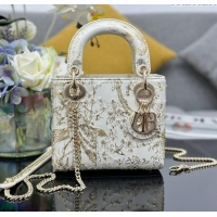 Free Shipping Dior Mini Lady Dior Bag in Jardin d'Hiver Calfskin with Beads M0505 White/Gold 2024