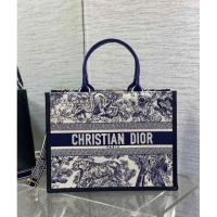 Discount Dior Medium Book Tote bag in Toile de Jouy Reverse Embroidery and Calfskin D0715 White/Navy Blue 2024