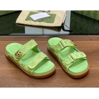 Best Grade Gucci Strass GG Canvas Flat Slides Sandal with Double G Lemon Green 230123