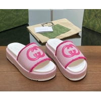 Luxurious Gucci Canvas Platform Slides Sandal 5.5cm with Fringe Light Pink 7230126