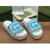 Purchase Gucci Canvas Platform Slides Sandal 5.5cm with Fringe Light Blue 230127