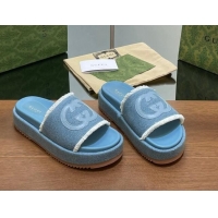 Good Quality Gucci Canvas Platform Slides Sandal 5.5cm with Fringe Denim Blue 7230128