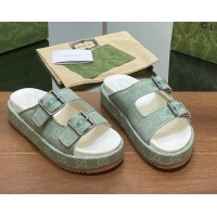 Low Cost Gucci GG Denim Platform Slides Sandals with Buckle Green 230130