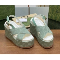 Sophisticated Gucci GG Denim Platform Wedge Sandals Green 230131